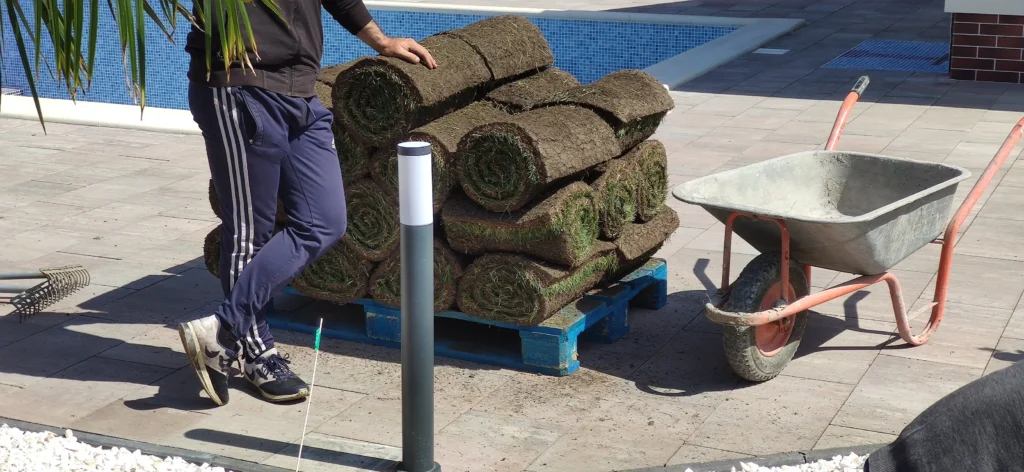 Rulouri de gazon pe palet în timpul amenajării grădinii