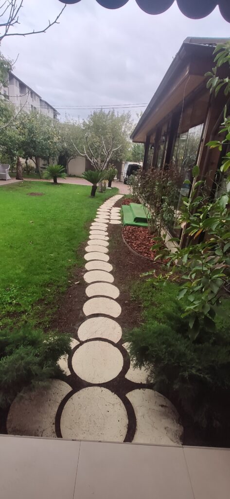 Pași japonezi, peluză reabilitată și zona de mulci cu trandafiri - Amenajare Verdara.