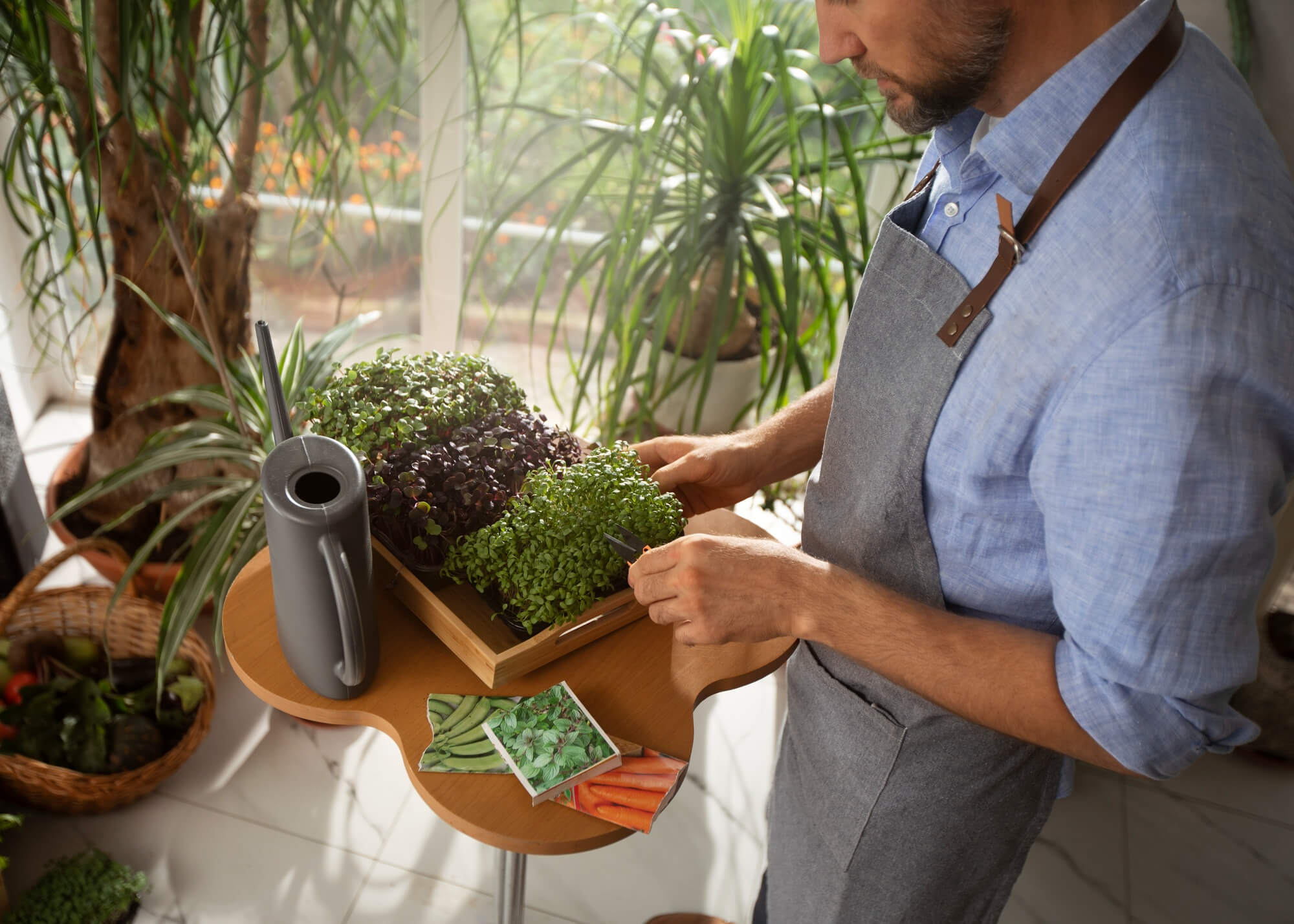 Close-up of a professional maintaining office plants.